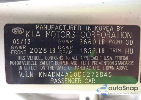 2013 Kia Rio Lx z USA, uszkodzony, nr VIN KNADM4A30D6272845